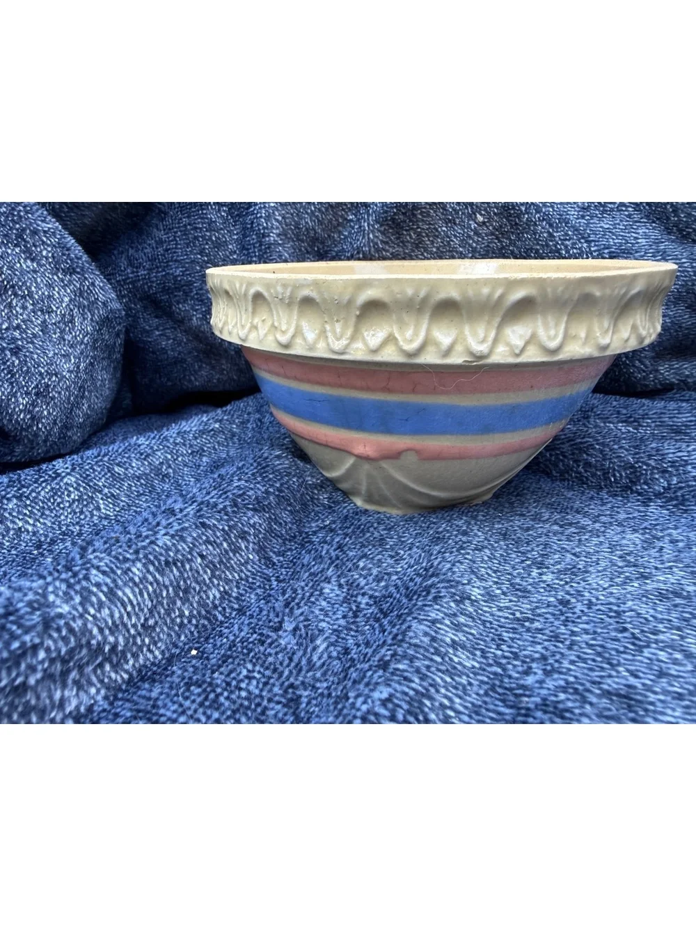 Vintage Ceramic Mixing Bowl with Blue and Pink Stripe Design